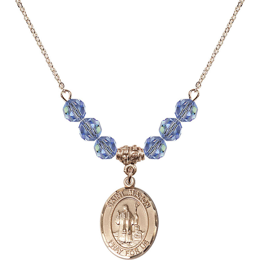 14kt Gold Filled Saint Maron Birthstone Necklace with Light Sapphire Beads - 8417