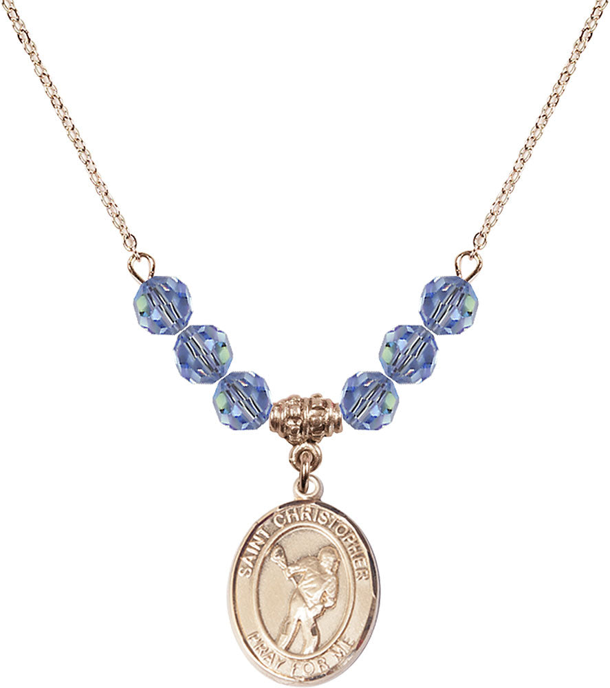 14kt Gold Filled Saint Christopher/Lacrosse Birthstone Necklace with Light Sapphire Beads - 8516