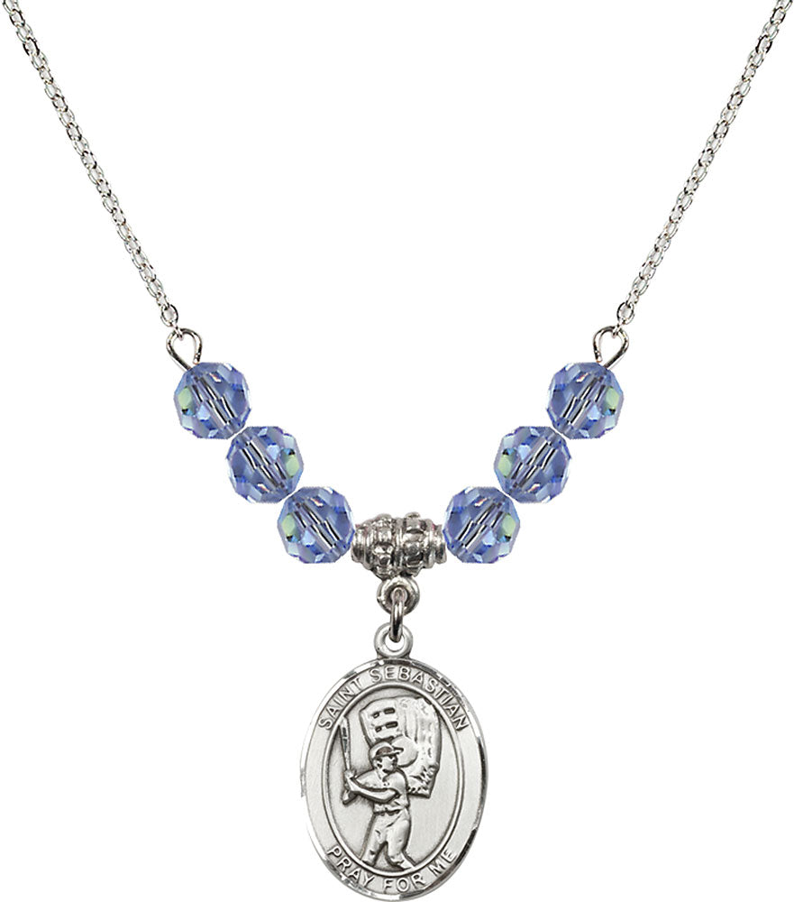 Sterling Silver Saint Sebastian / Baseball Birthstone Necklace with Light Sapphire Beads - 8600