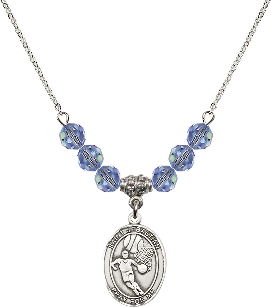 Sterling Silver Saint Sebastian/Basketball Birthstone Necklace with Light Sapphire Beads - 8602
