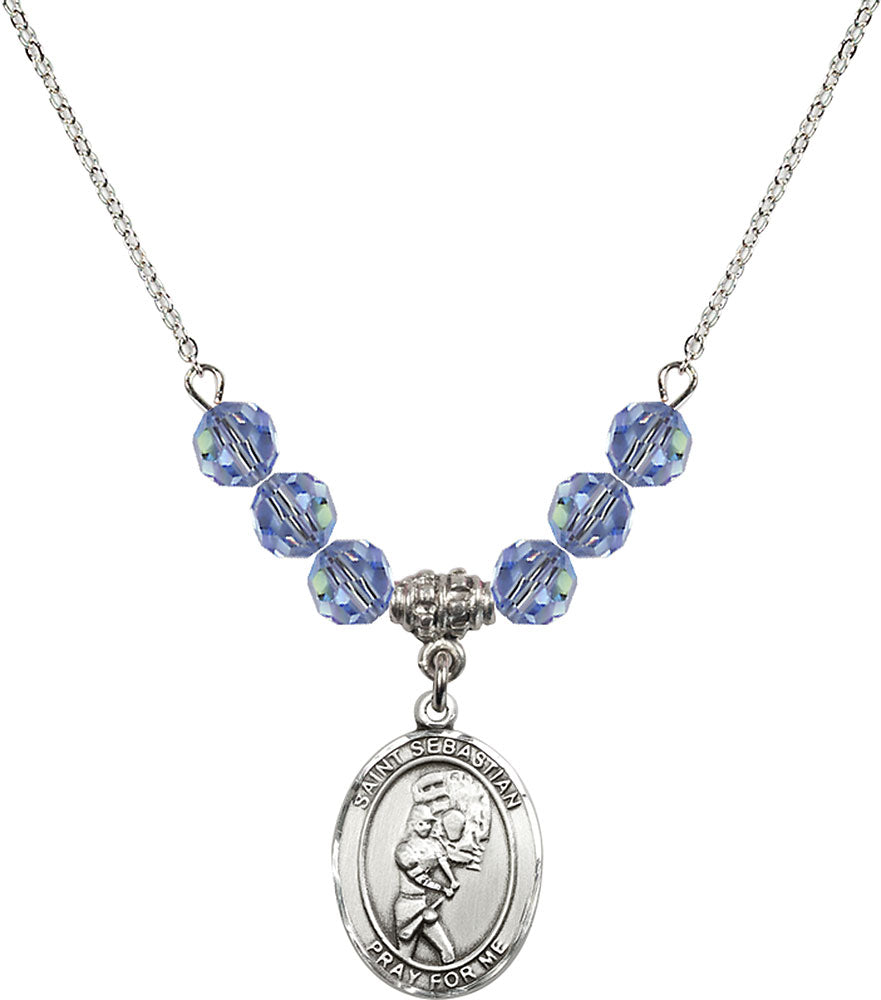 Sterling Silver Saint Sebastian/Softball Birthstone Necklace with Light Sapphire Beads - 8607