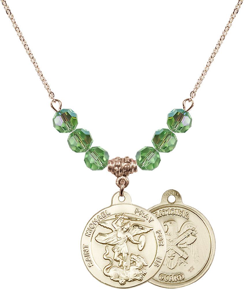 14kt Gold Filled Saint Michael / Nat'l Guard Birthstone Necklace with Peridot Beads - 0342
