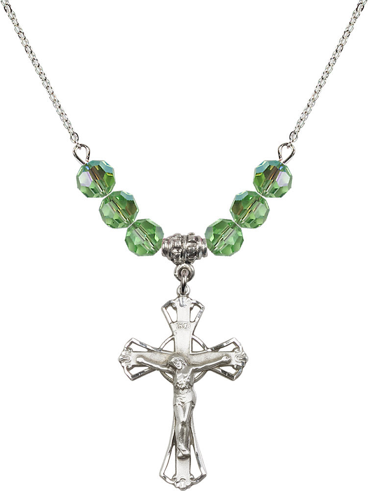 Sterling Silver Crucifix Birthstone Necklace with Peridot Beads - 0659