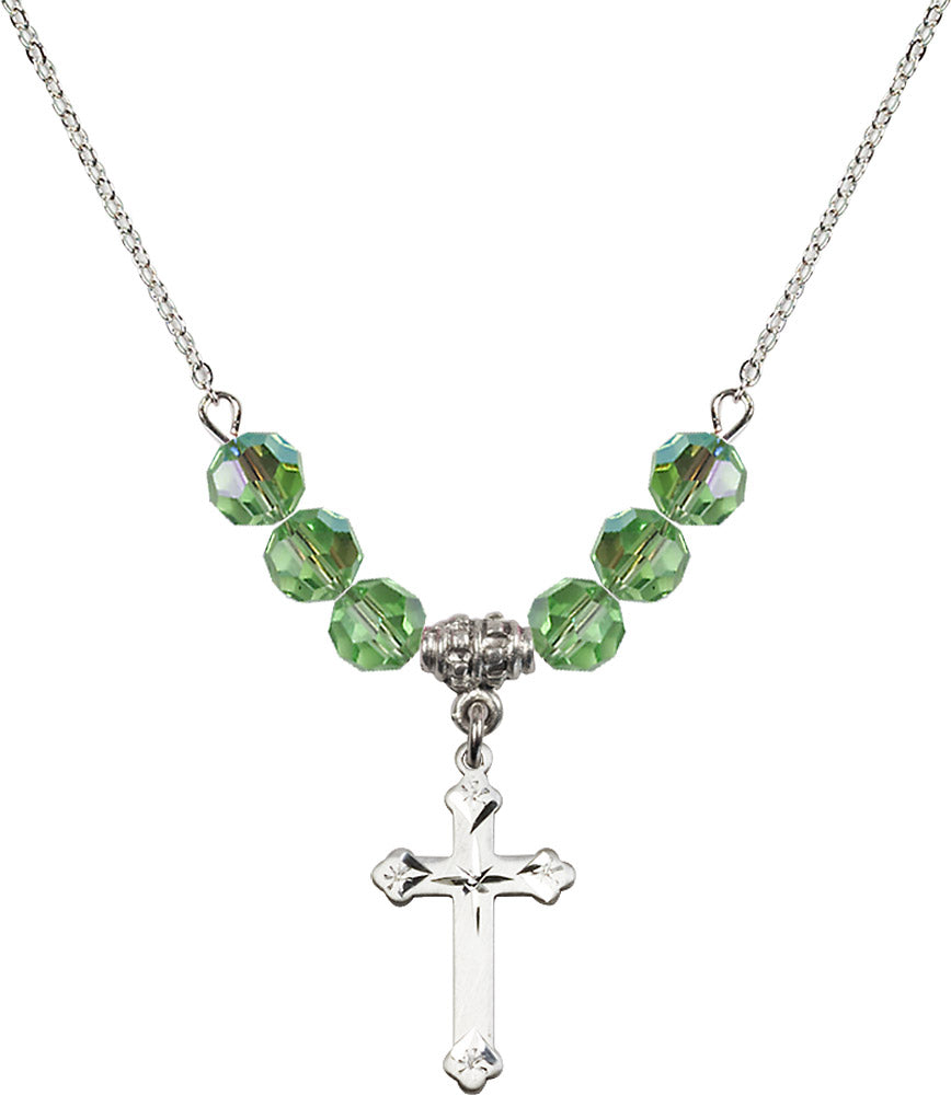 Sterling Silver Cross Birthstone Necklace with Peridot Beads - 0667