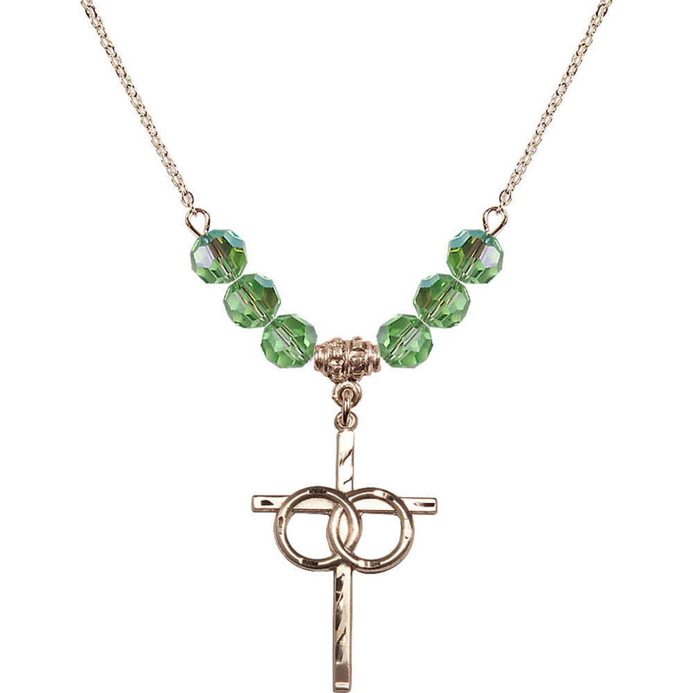 14kt Gold Filled Wedding Rings Cross Birthstone Necklace with Peridot Beads - 0671
