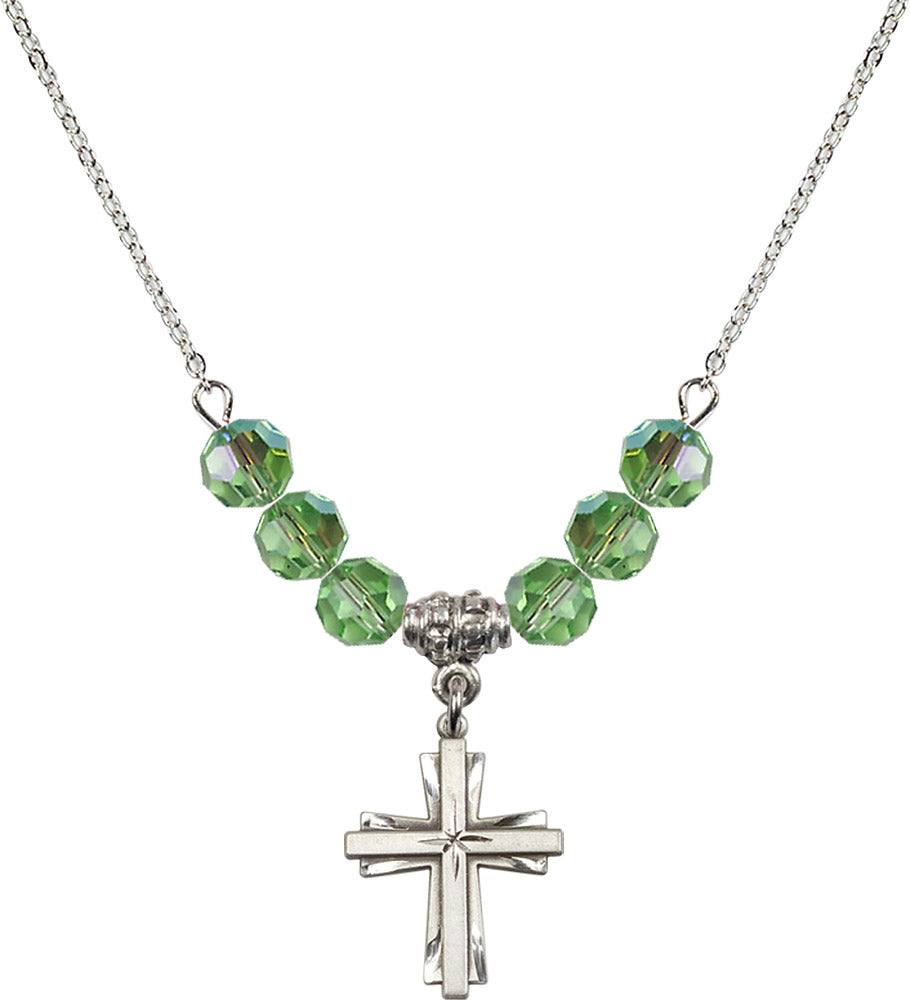 Sterling Silver Cross Birthstone Necklace with Peridot Beads - 0675