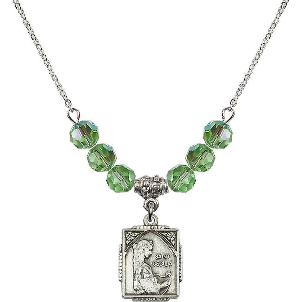 Sterling Silver Saint Cecilia Birthstone Necklace with Peridot Beads - 0804