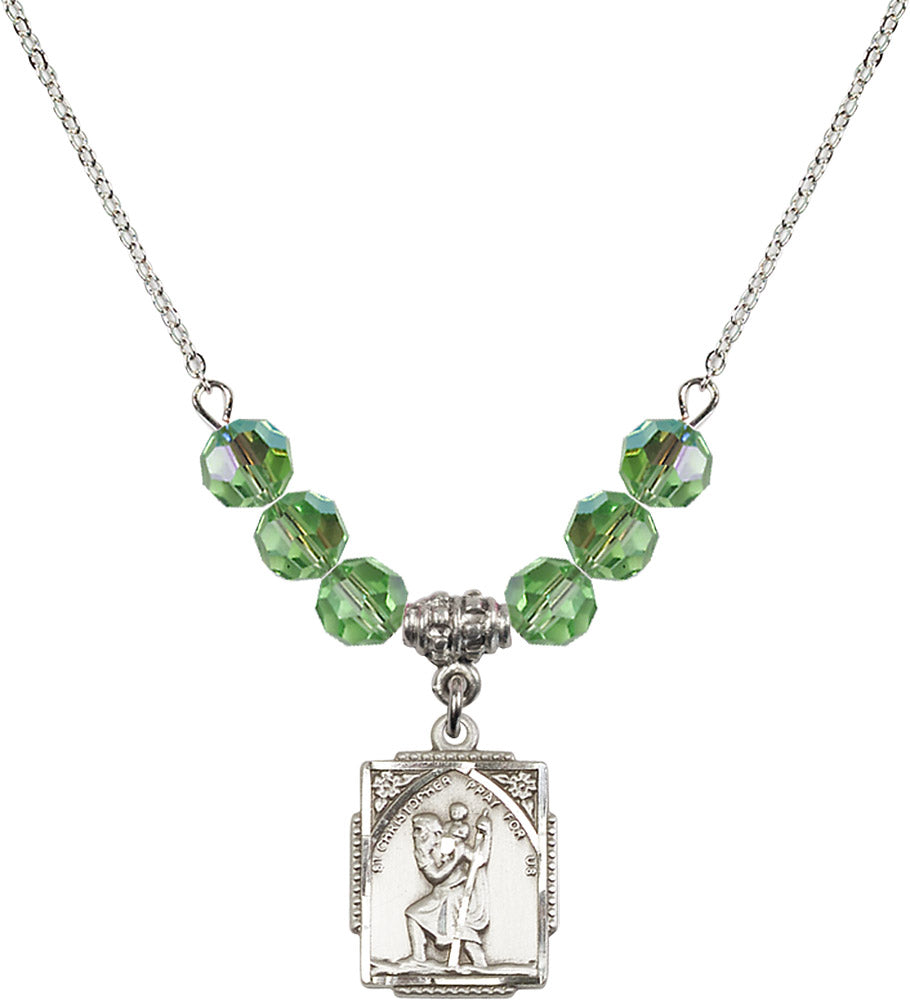 Sterling Silver Saint Christopher Birthstone Necklace with Peridot Beads - 0804