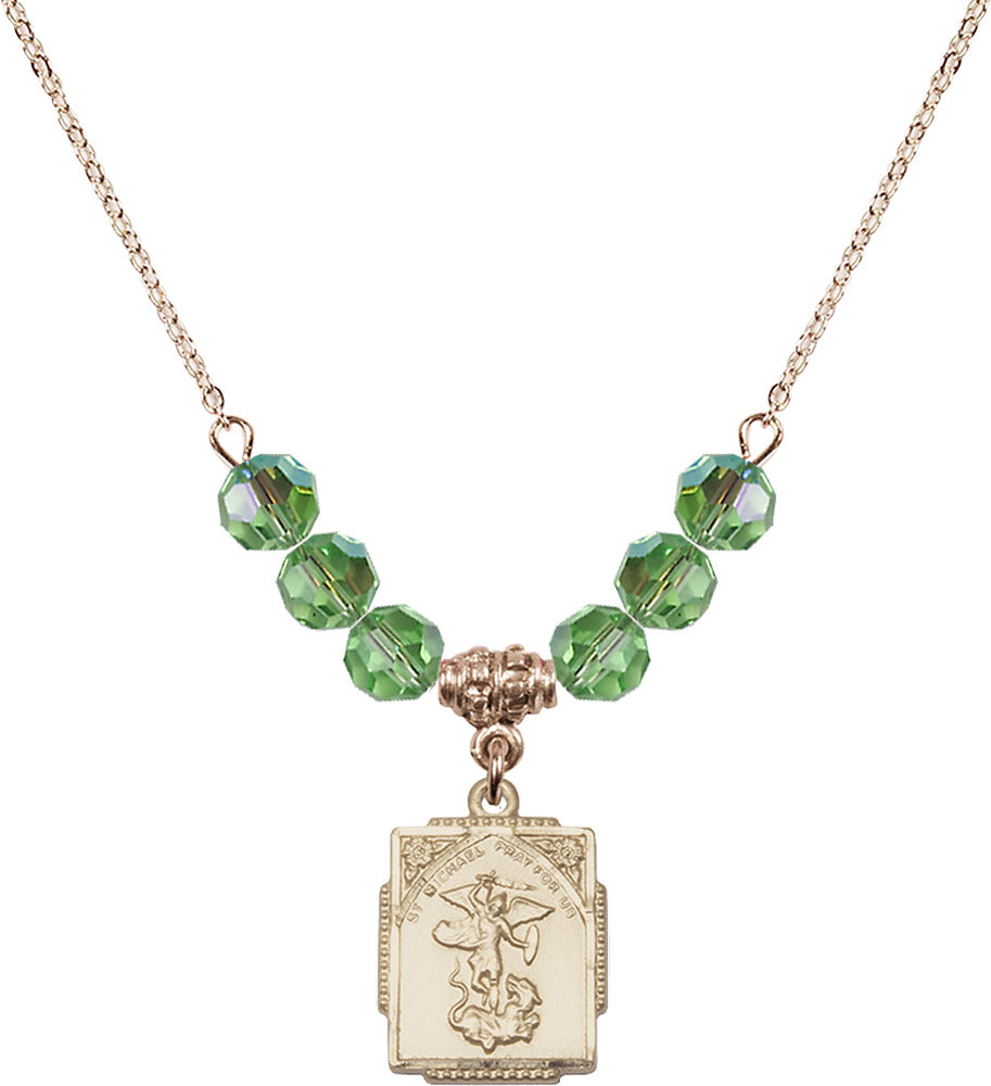 14kt Gold Filled Saint Michael the Archangel Birthstone Necklace with Peridot Beads - 0804
