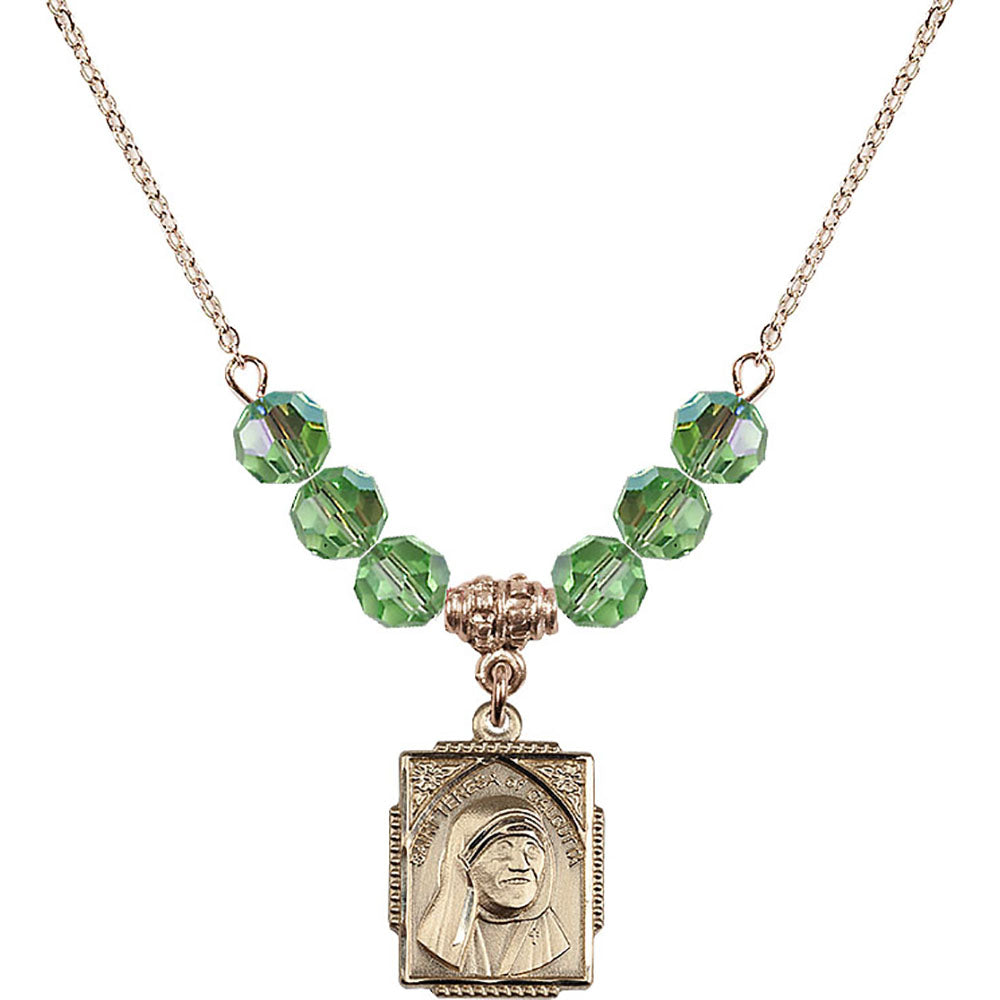14kt Gold Filled Saint Teresa of Calcutta Birthstone Necklace with Peridot Beads - 0804