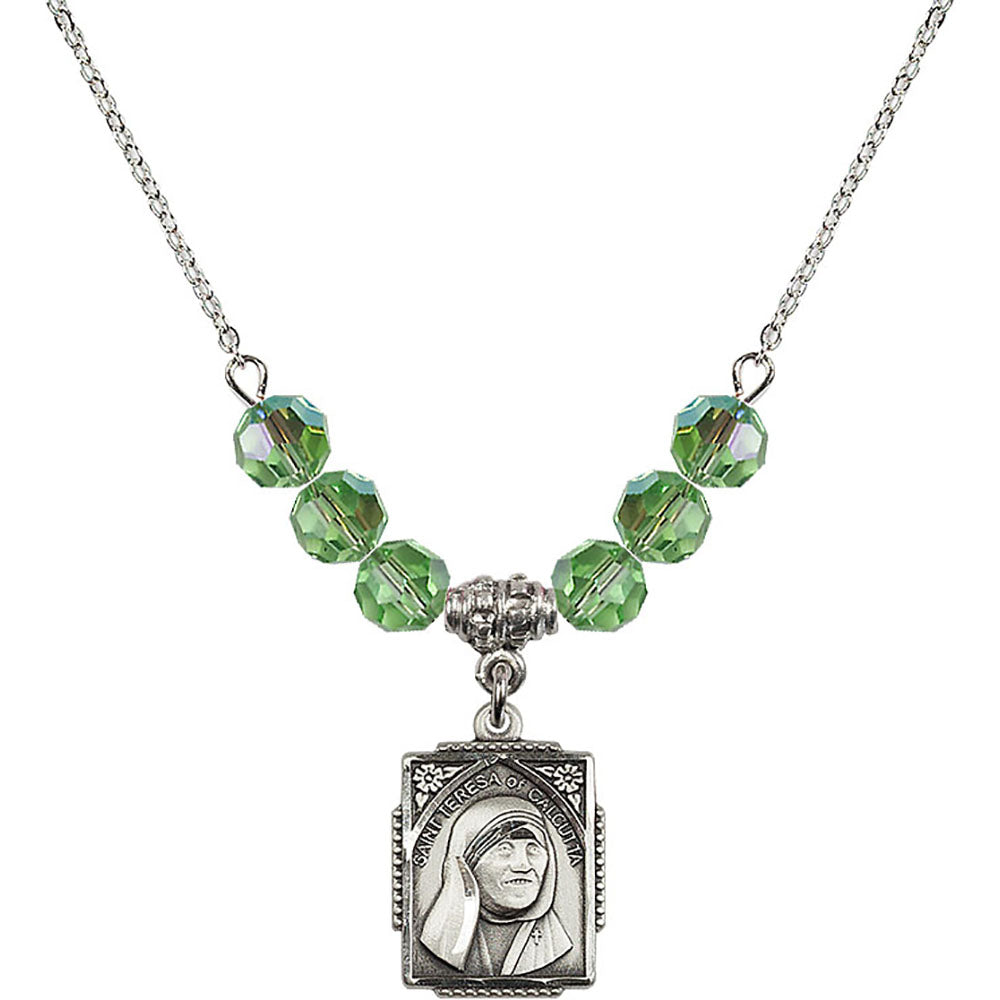 Sterling Silver Saint Teresa of Calcutta Birthstone Necklace with Peridot Beads - 0804