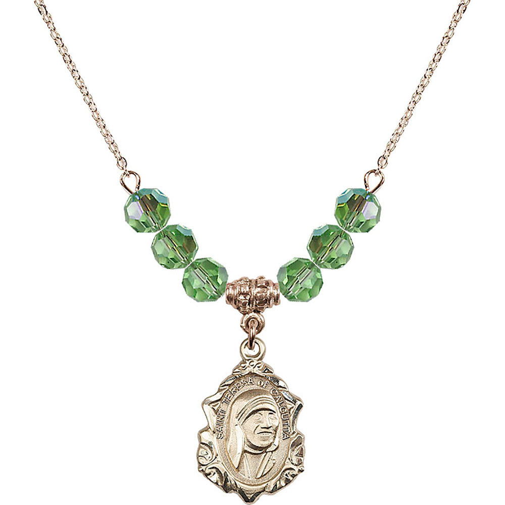 14kt Gold Filled Saint Teresa of Calcutta Birthstone Necklace with Peridot Beads - 0812
