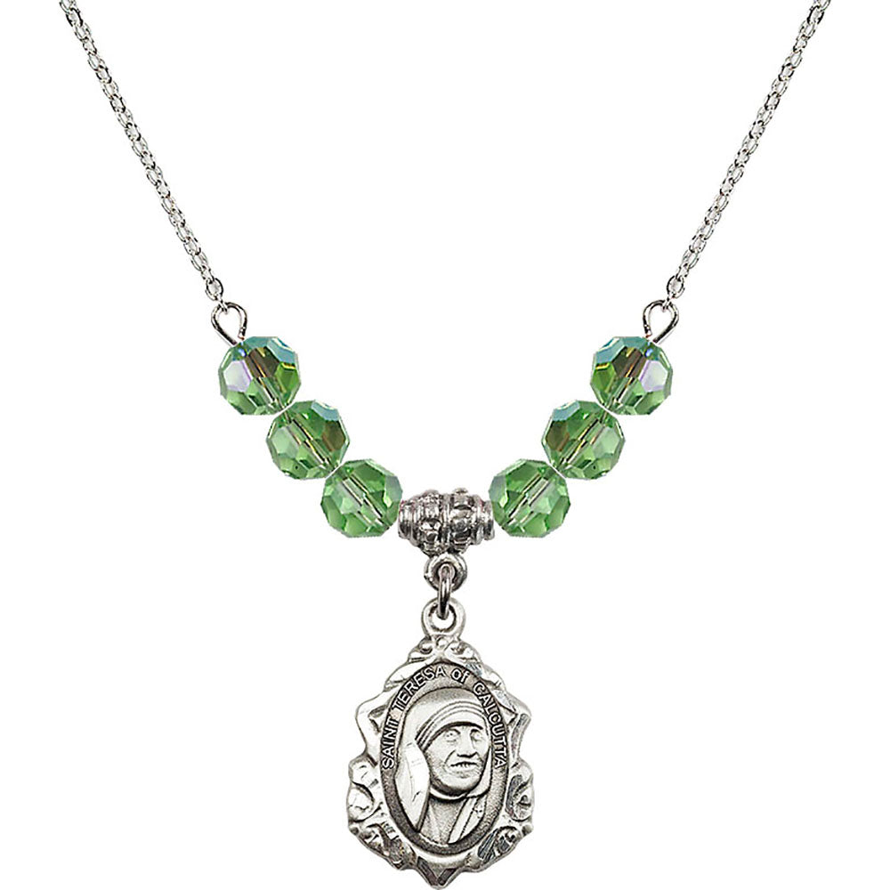 Sterling Silver Saint Teresa of Calcutta Birthstone Necklace with Peridot Beads - 0812