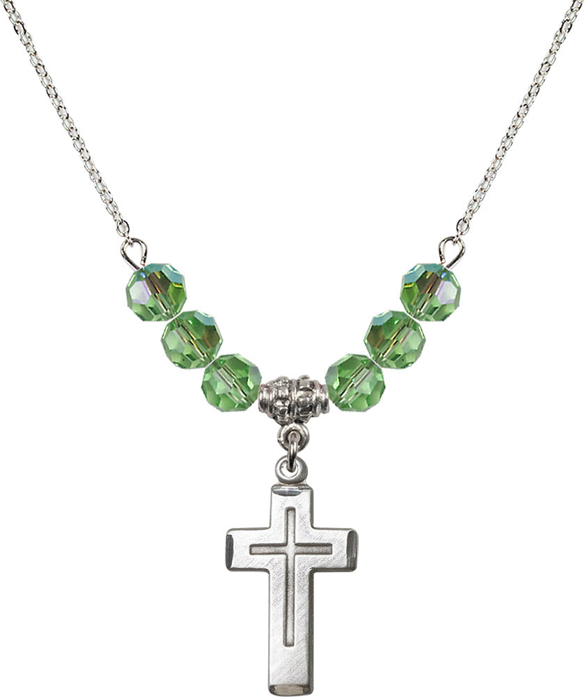 Sterling Silver Cross Birthstone Necklace with Peridot Beads - 1529