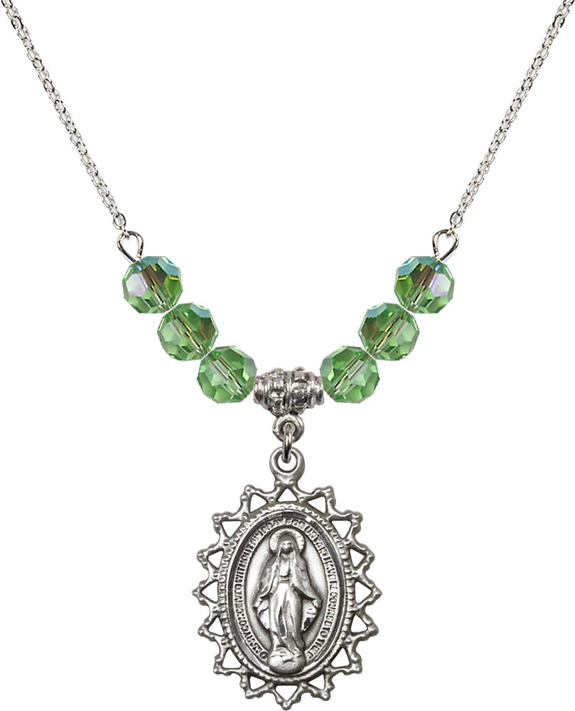 Sterling Silver Miraculous Birthstone Necklace with Peridot Beads - 1619