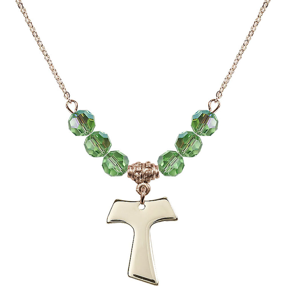 14kt Gold Filled Tau Cross Birthstone Necklace with Peridot Beads - 3948