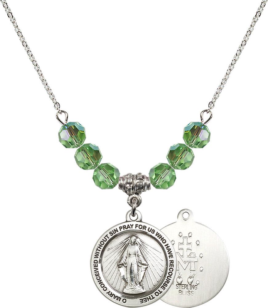 Sterling Silver Miraculous Birthstone Necklace with Peridot Beads - 4056