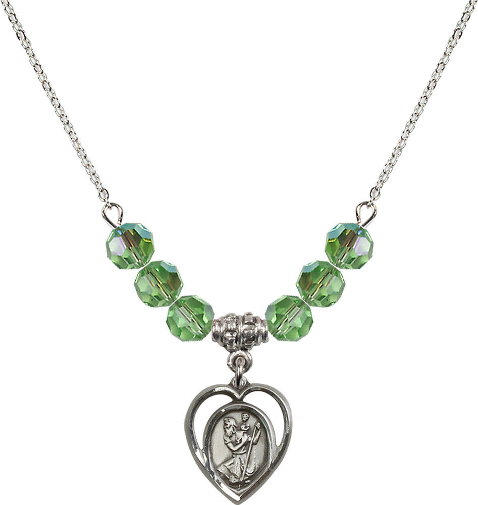 Sterling Silver Saint Christopher Birthstone Necklace with Peridot Beads - 4127