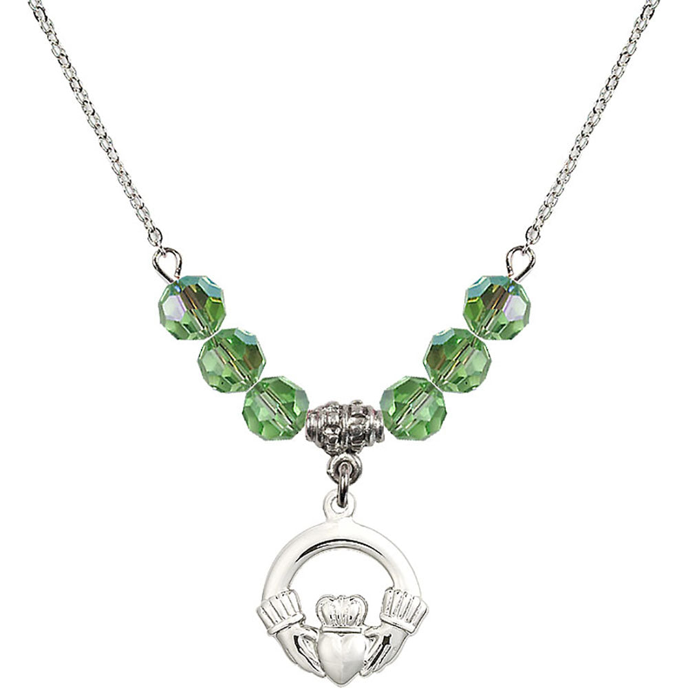 Sterling Silver Claddagh Birthstone Necklace with Peridot Beads - 4138