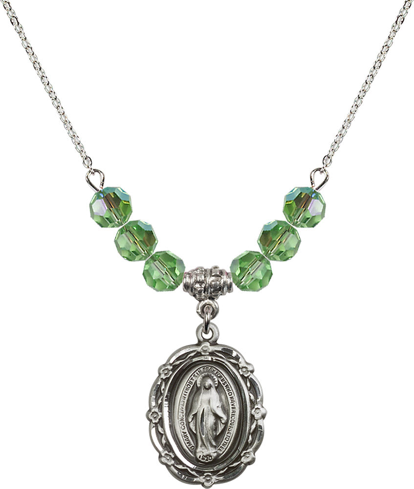 Sterling Silver Miraculous Birthstone Necklace with Peridot Beads - 4146