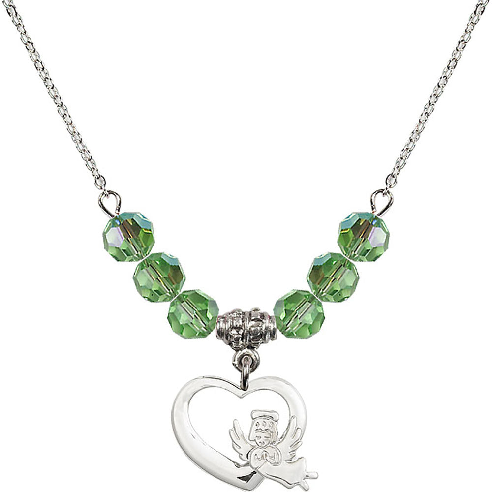 Sterling Silver Heart / Guardian Angel Birthstone Necklace with Peridot Beads - 4206