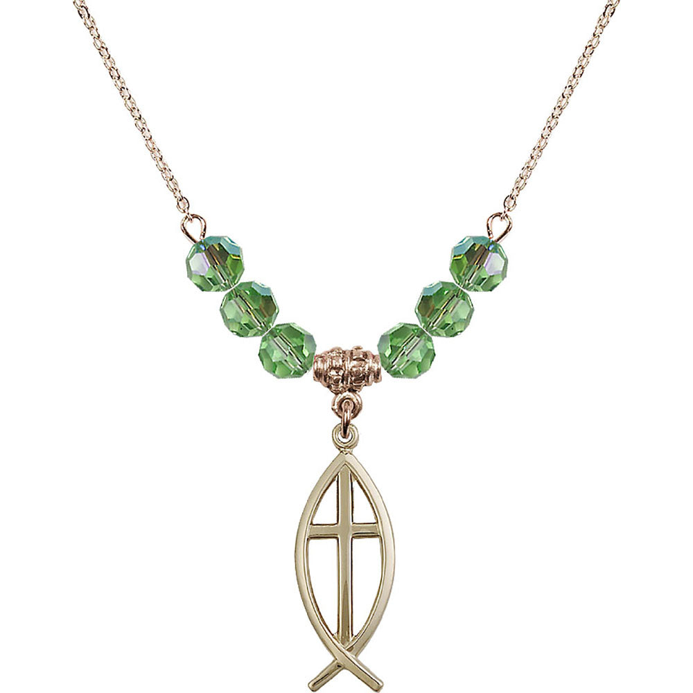 14kt Gold Filled Fish / Cross Birthstone Necklace with Peridot Beads - 4252