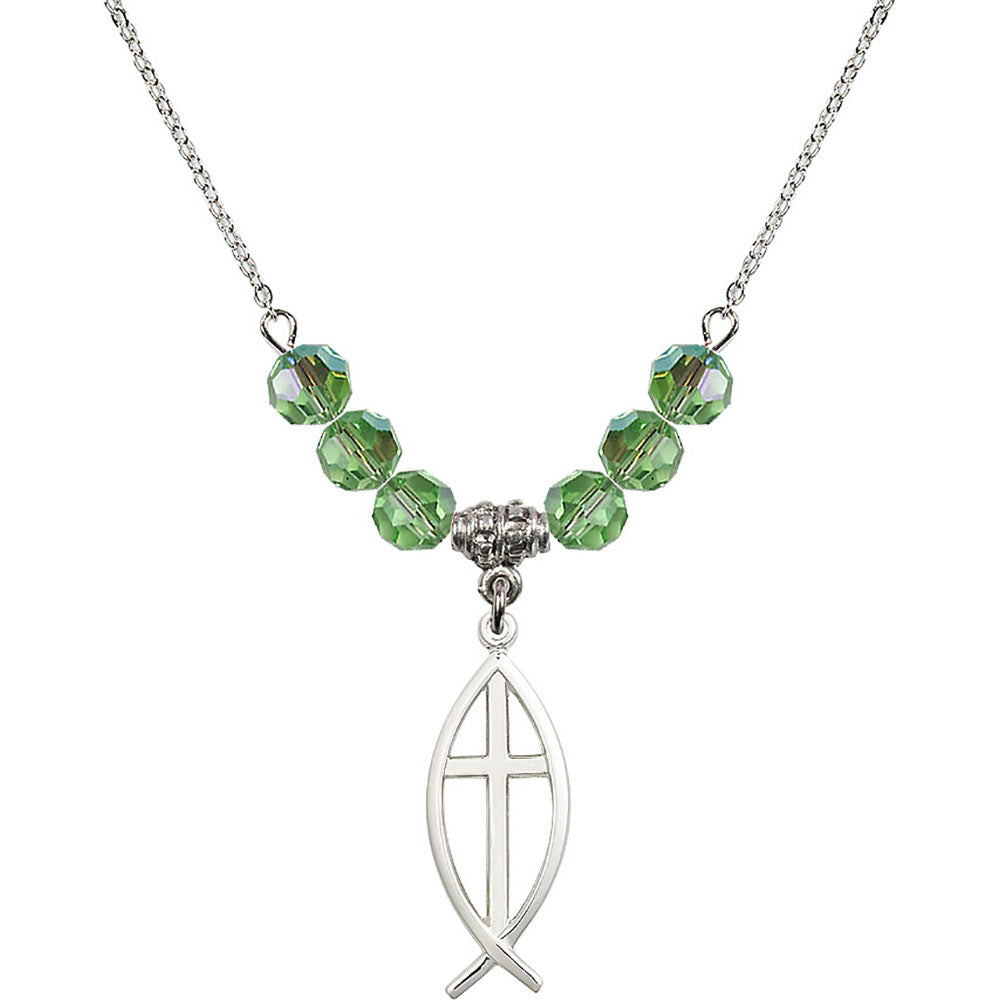 Sterling Silver Fish / Cross Birthstone Necklace with Peridot Beads - 4252
