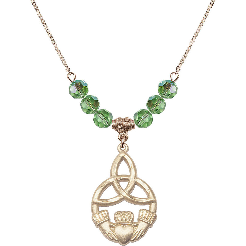 14kt Gold Filled Irish Knot / Claddagh Birthstone Necklace with Peridot Beads - 5102
