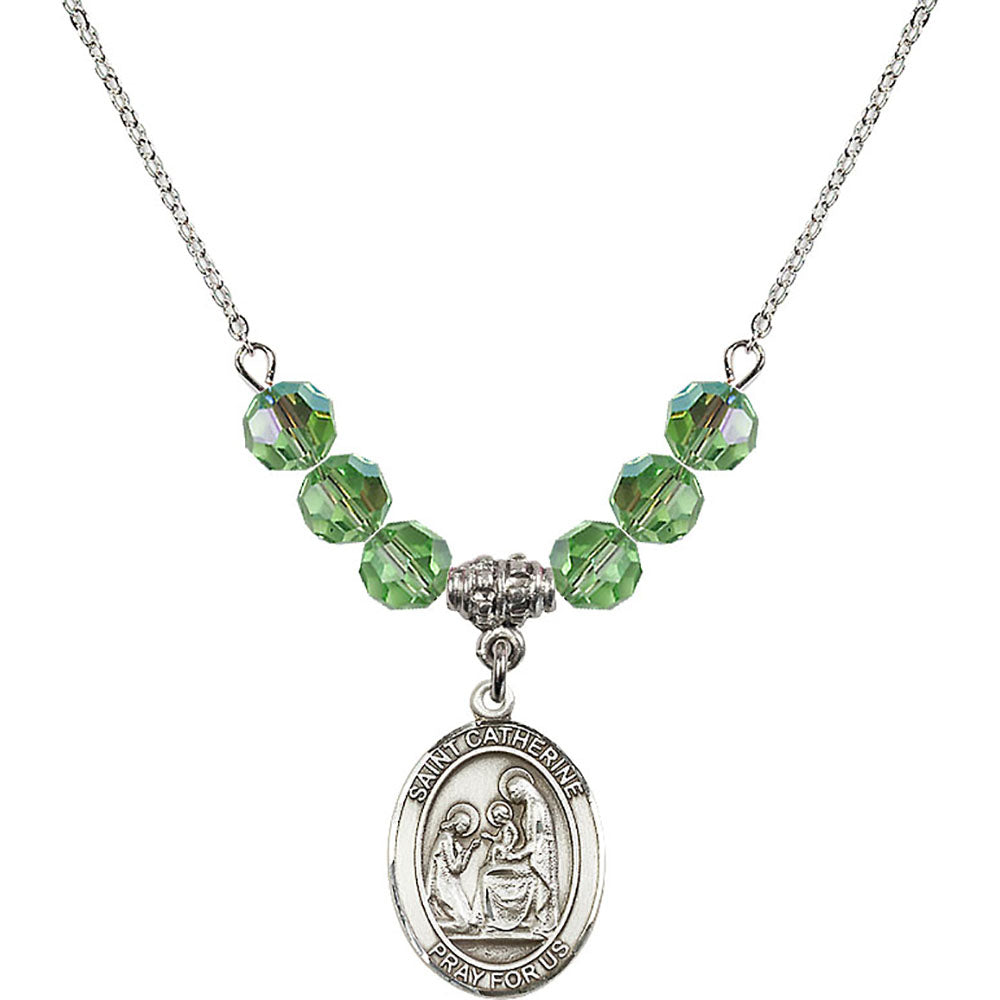 Sterling Silver Saint Catherine of Siena Birthstone Necklace with Peridot Beads - 8014