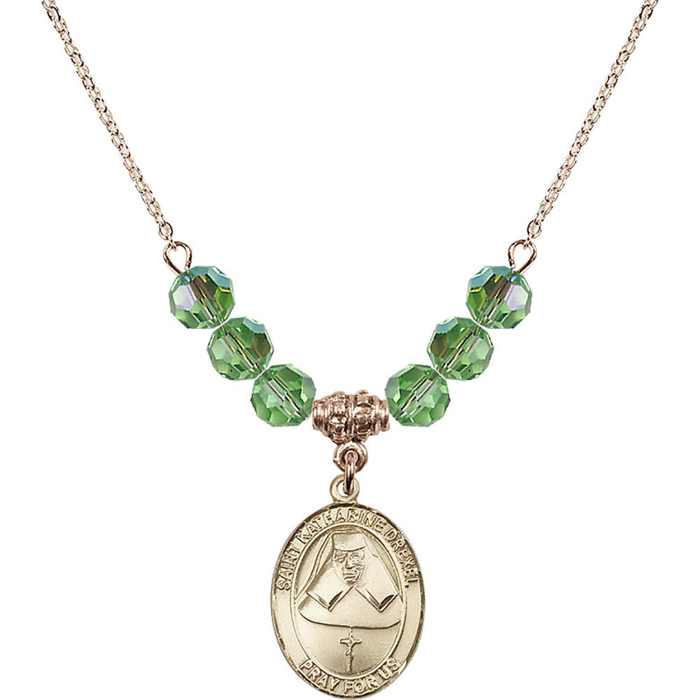 14kt Gold Filled Saint Katharine Drexel Birthstone Necklace with Peridot Beads - 8015