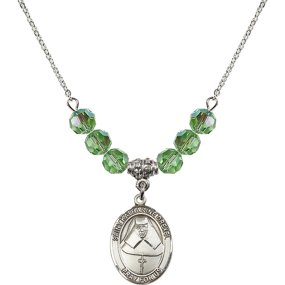 Sterling Silver Saint Katharine Drexel Birthstone Necklace with Peridot Beads - 8015