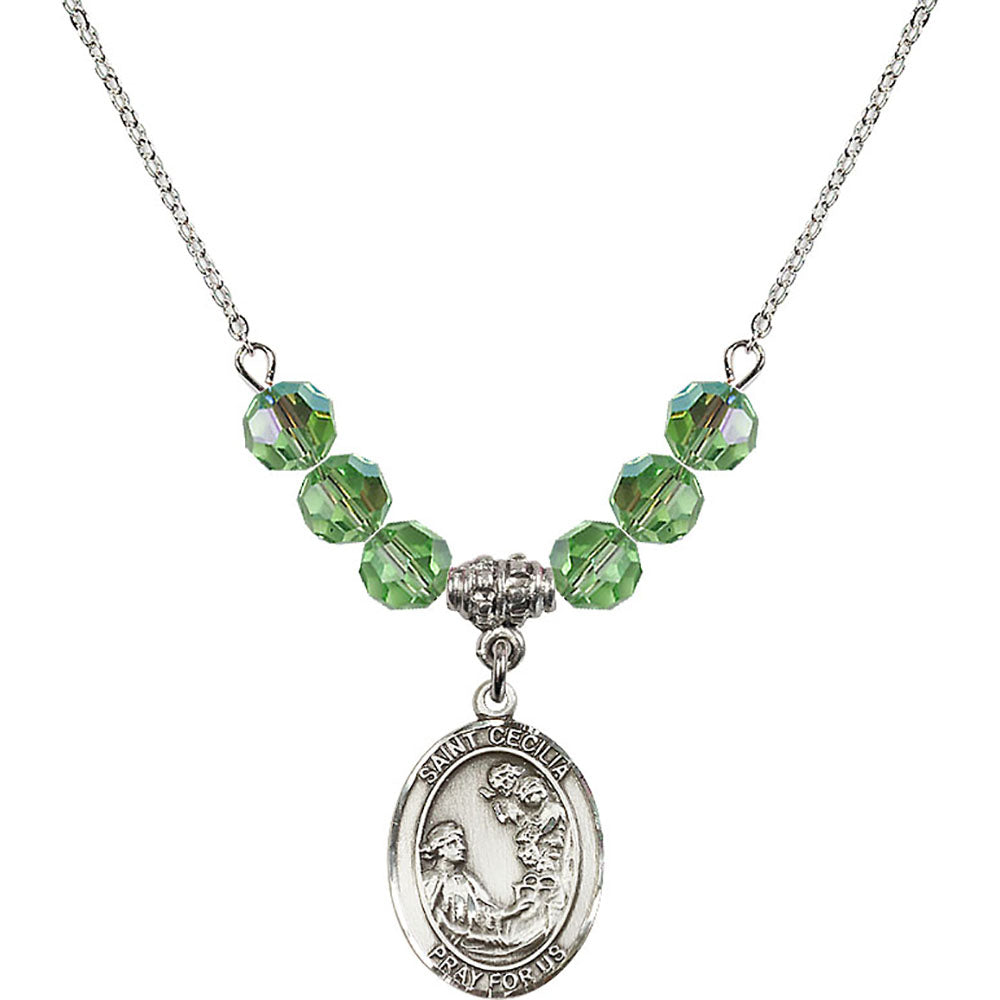 Sterling Silver Saint Cecilia Birthstone Necklace with Peridot Beads - 8016