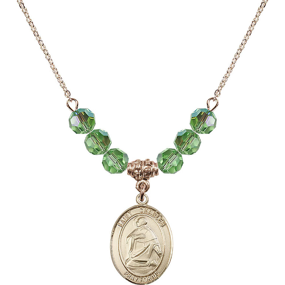 14kt Gold Filled Saint Charles Borromeo Birthstone Necklace with Peridot Beads - 8020