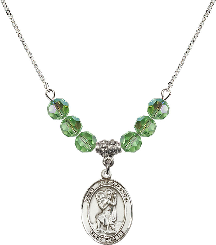 Sterling Silver Saint Christopher Birthstone Necklace with Peridot Beads - 8022