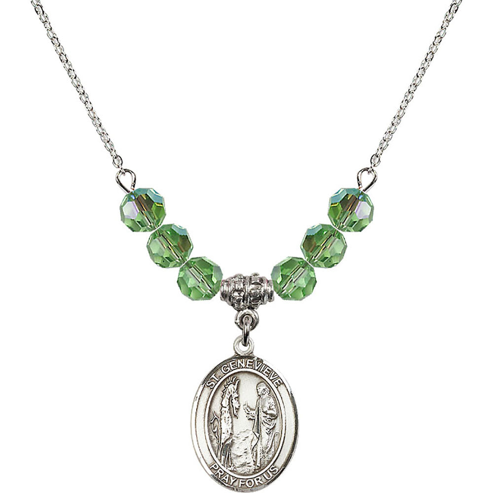 Sterling Silver Saint Genevieve Birthstone Necklace with Peridot Beads - 8041