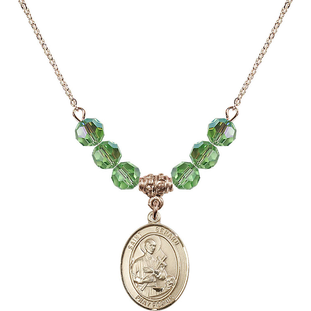 14kt Gold Filled Saint Gerard Majella Birthstone Necklace with Peridot Beads - 8042