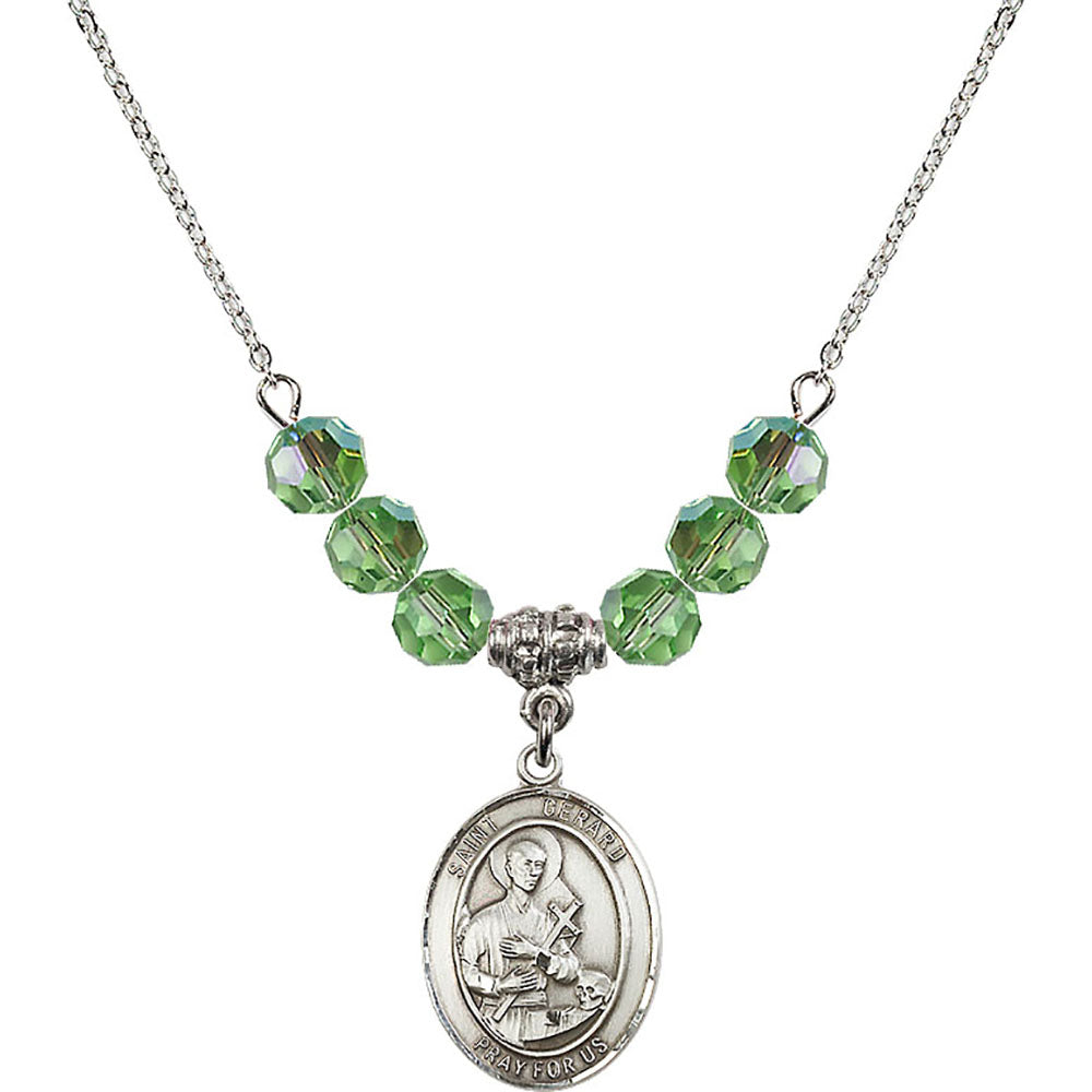 Sterling Silver Saint Gerard Majella Birthstone Necklace with Peridot Beads - 8042