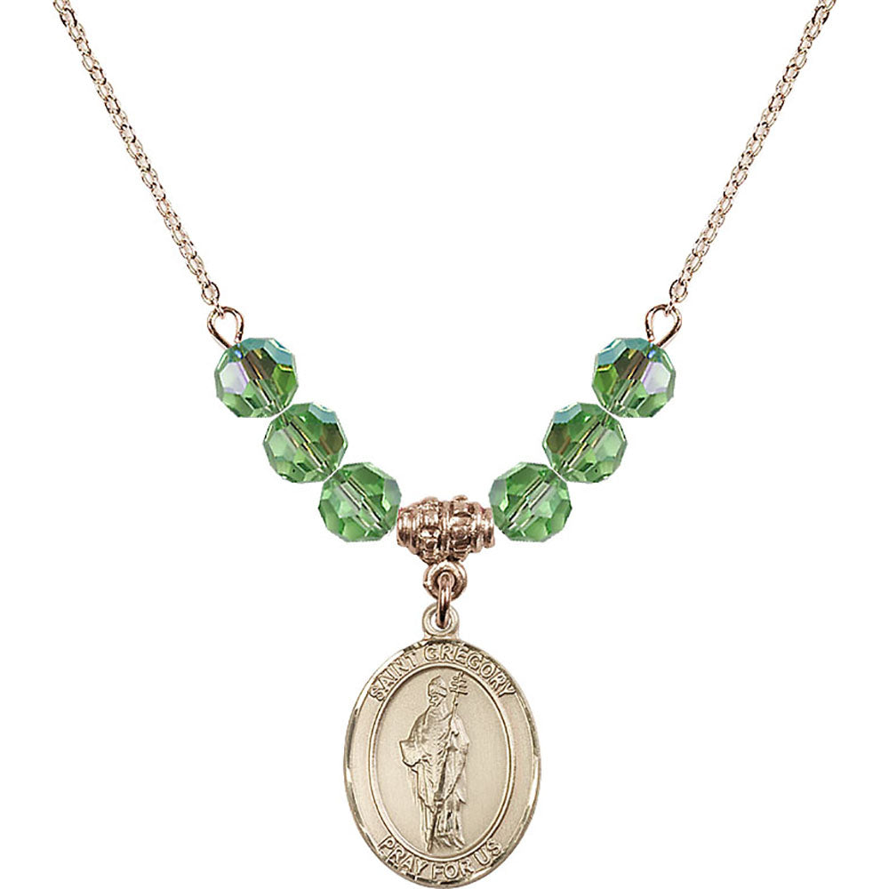14kt Gold Filled Saint Gregory the Great Birthstone Necklace with Peridot Beads - 8048