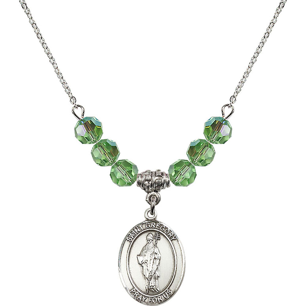 Sterling Silver Saint Gregory the Great Birthstone Necklace with Peridot Beads - 8048