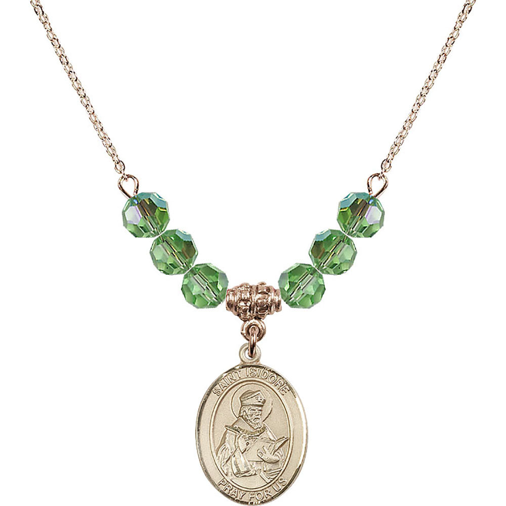 14kt Gold Filled Saint Isidore of Seville Birthstone Necklace with Peridot Beads - 8049