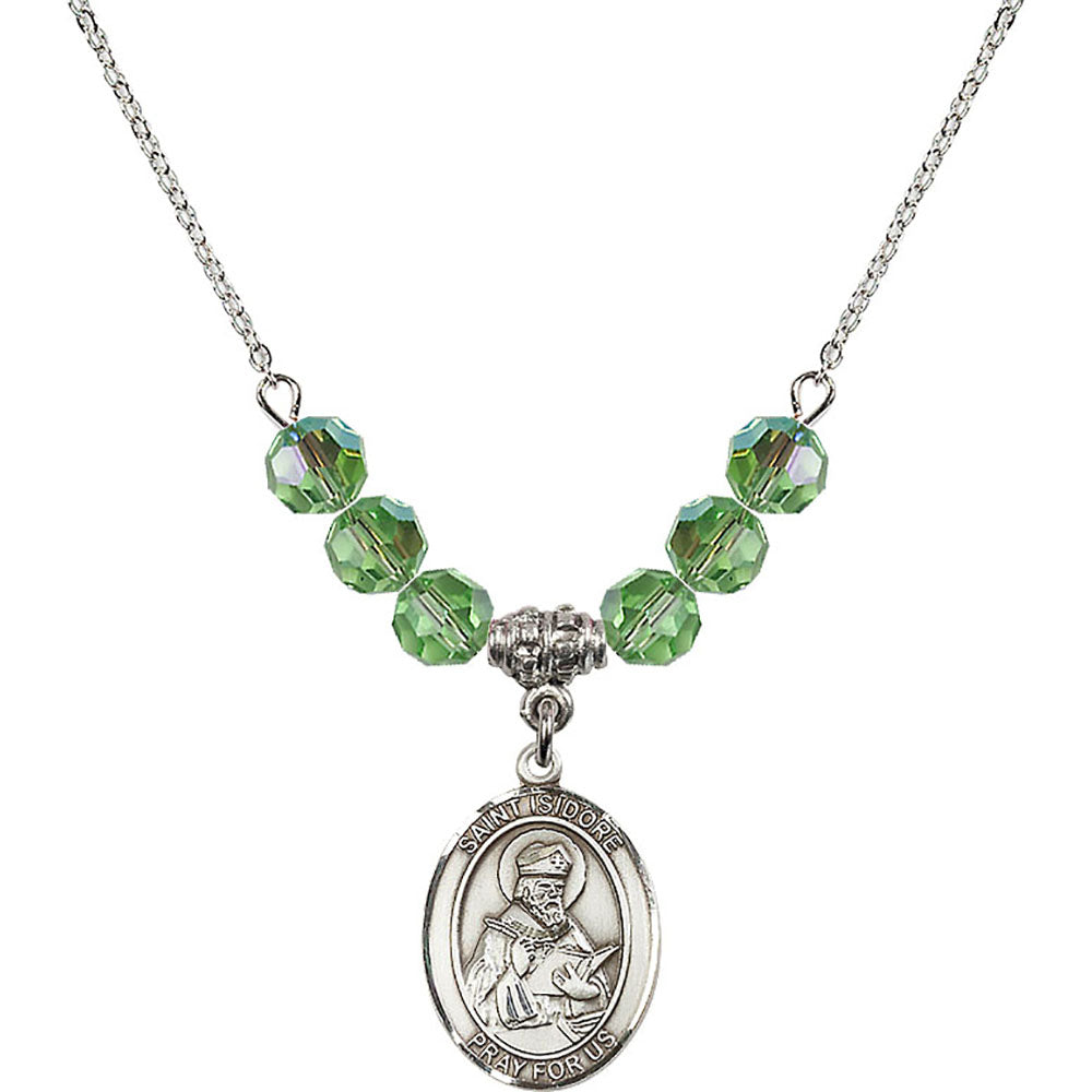 Sterling Silver Saint Isidore of Seville Birthstone Necklace with Peridot Beads - 8049