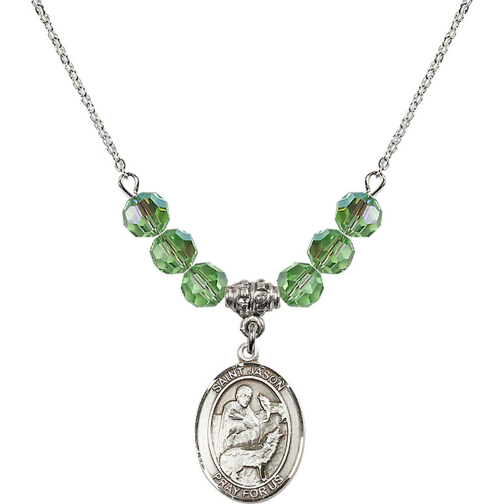 Sterling Silver Saint Jason Birthstone Necklace with Peridot Beads - 8051