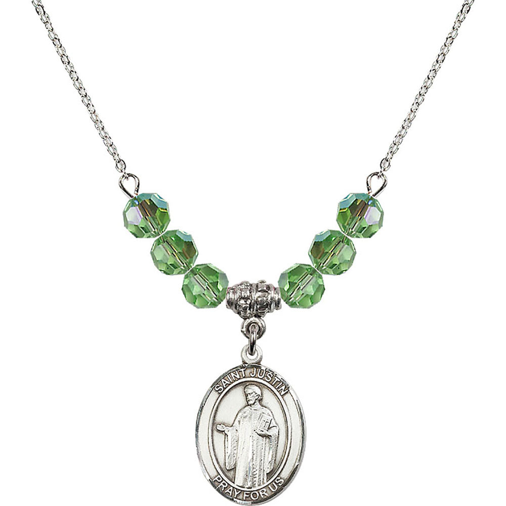 Sterling Silver Saint Justin Birthstone Necklace with Peridot Beads - 8052
