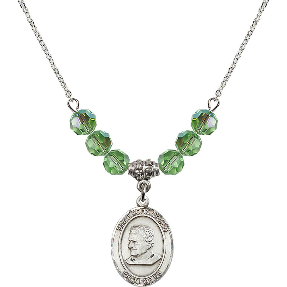 Sterling Silver Saint John Bosco Birthstone Necklace with Peridot Beads - 8055