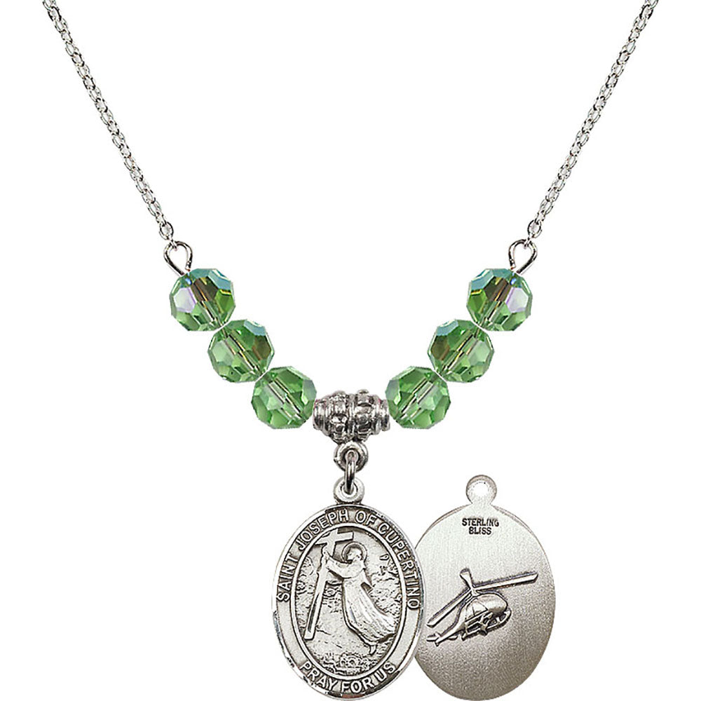 Sterling Silver Saint Joseph of Cupertino/Helecopter Birthstone Necklace with Peridot Beads - 8057
