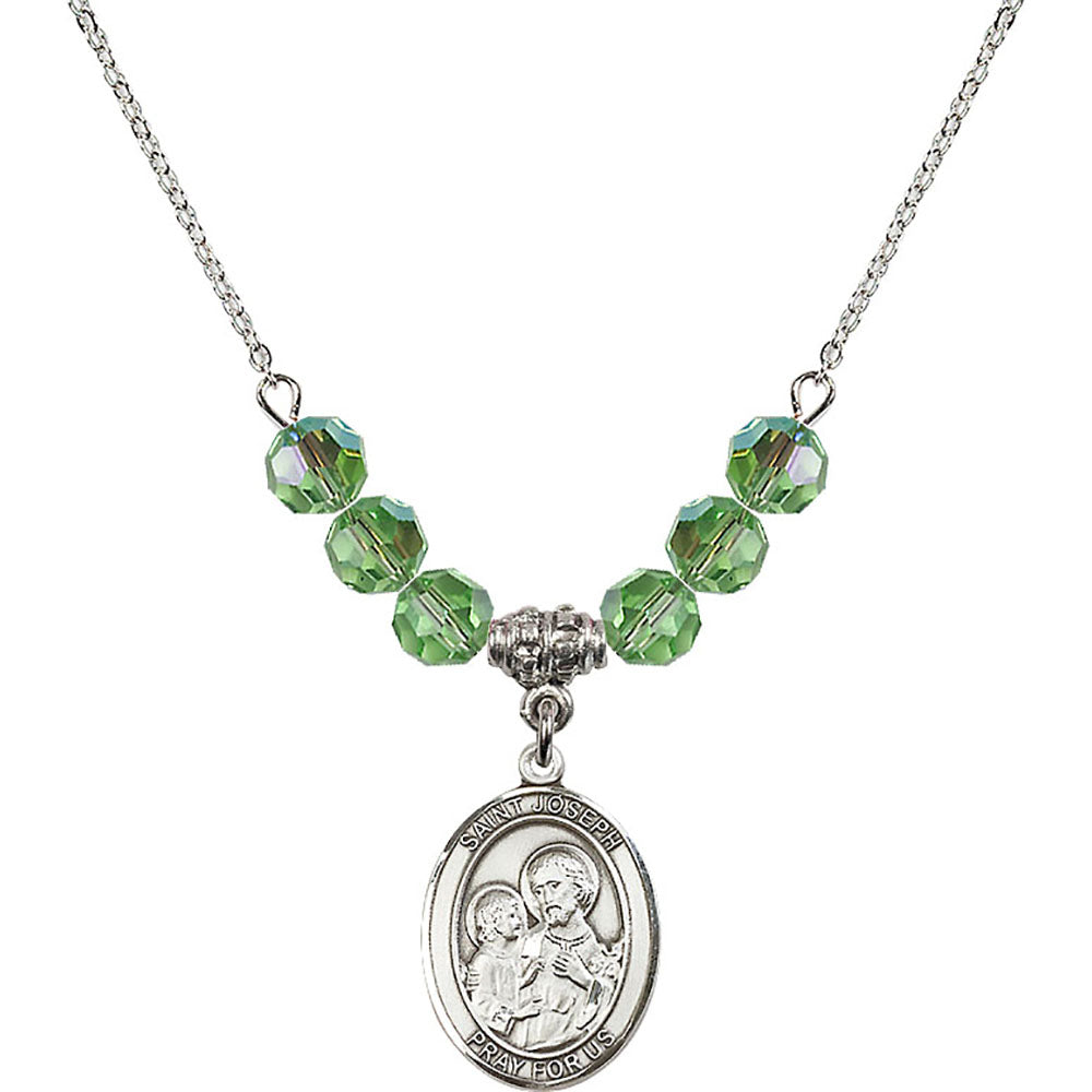 Sterling Silver Saint Joseph Birthstone Necklace with Peridot Beads - 8058