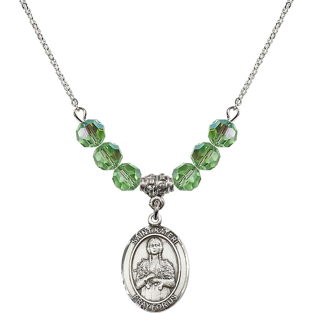 Sterling Silver Saint Kateri Tekakwitha Birthstone Necklace with Peridot Beads - 8061