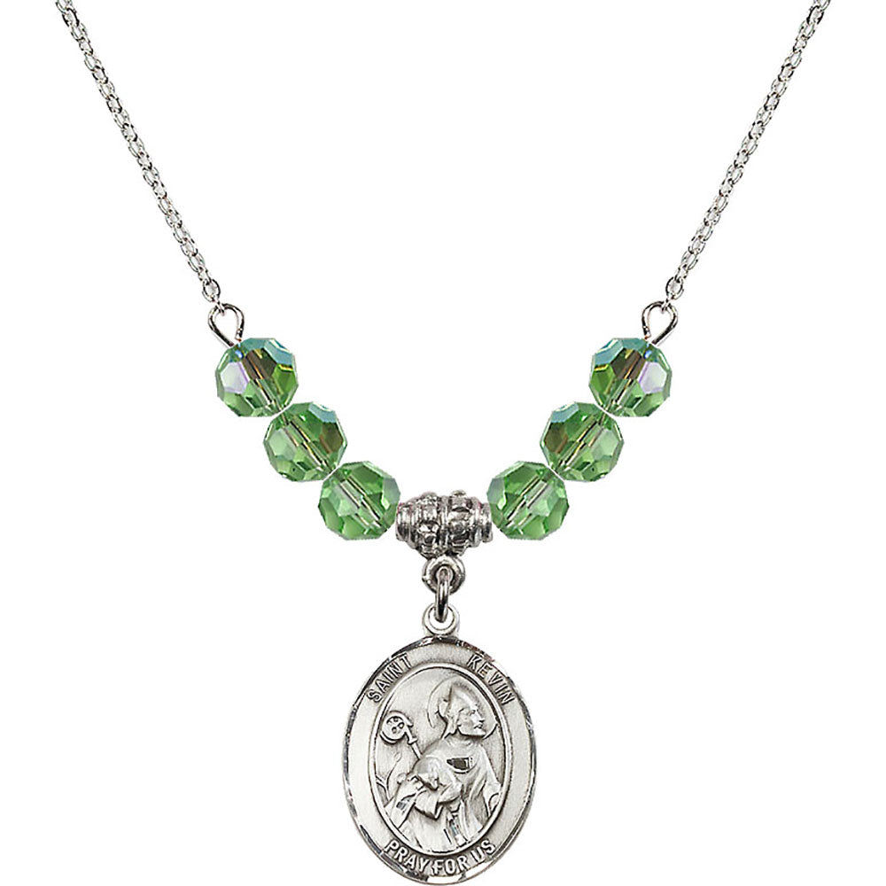 Sterling Silver Saint Kevin Birthstone Necklace with Peridot Beads - 8062