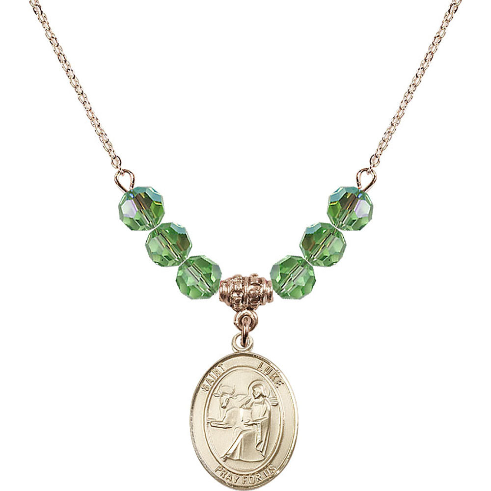 14kt Gold Filled Saint Luke the Apostle Birthstone Necklace with Peridot Beads - 8068
