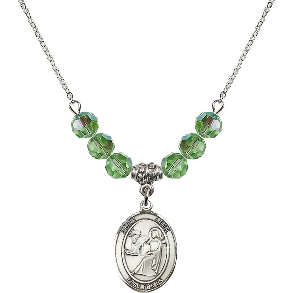 Sterling Silver Saint Luke the Apostle Birthstone Necklace with Peridot Beads - 8068